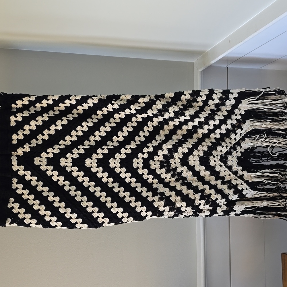 POL Black and White Chevron Curtain with Fringe